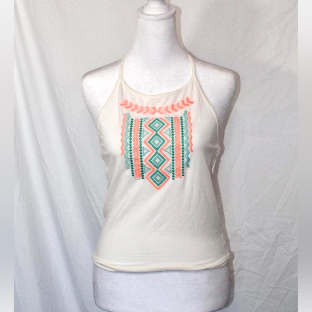 Rue21 Cream Halter Tank with Coral and Teal Embroidery